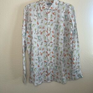 Men's  J. Lawrence Khaki’s Linen Patterned Button-Down Shirt with Beach Motif